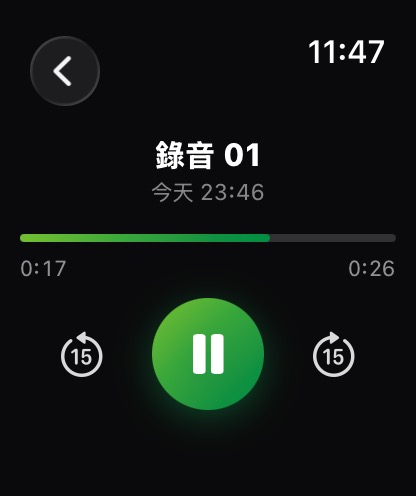Apple Watch 播放畫面：播放進度與前後 15 秒快轉鍵